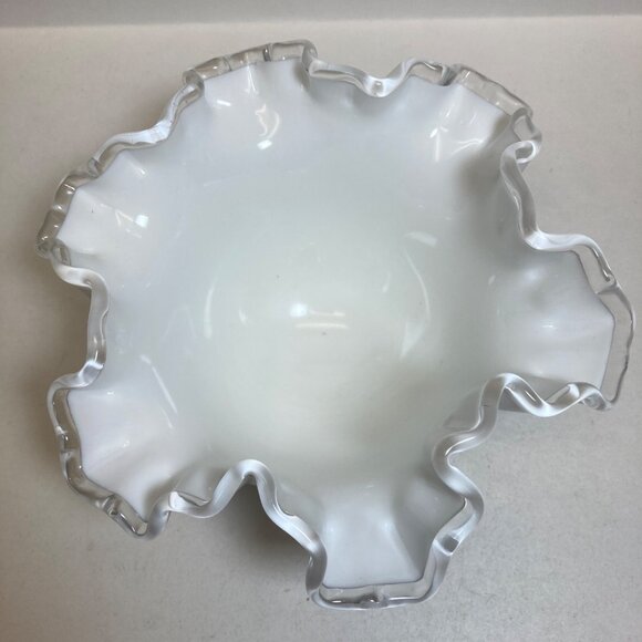 Fenton Silver Crest Milk Glass Bowl Clear Edging Scalloped White Candy Dish - Picture 4 of 10